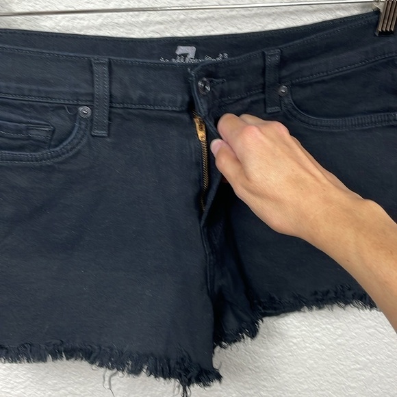 7 For All Mankind Mid Rise Raw Frayed Hem Cut Off Mini Shorts Black Sz 28 - Picture 3 of 12